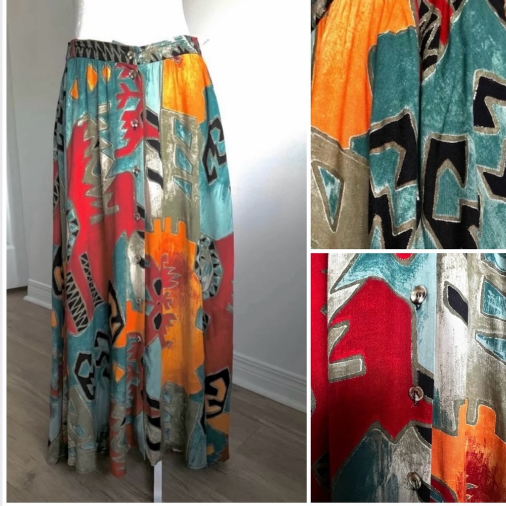 🇨🇦 Vintage 90s Abstract Art Midi Skirt – Teal Red Orange• Suttles & Seawinds - Picture 12 of 16